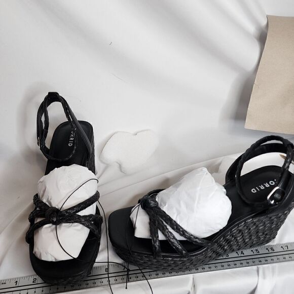13W Torrid Black Strappy Raffia Platform 4" Wedge Espadrille Sandal Wide Width - Picture 7 of 11